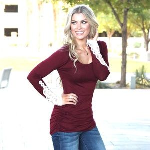 Tunic Top-Lace Detail Sleeve- Burgundy